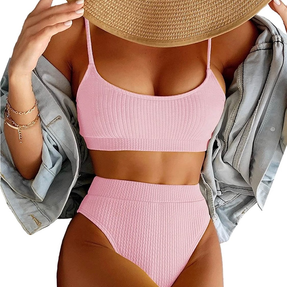 High Waisted Tummy Control Ribbed Bikini Crop Top Brazilian Swimsuit Small Pink